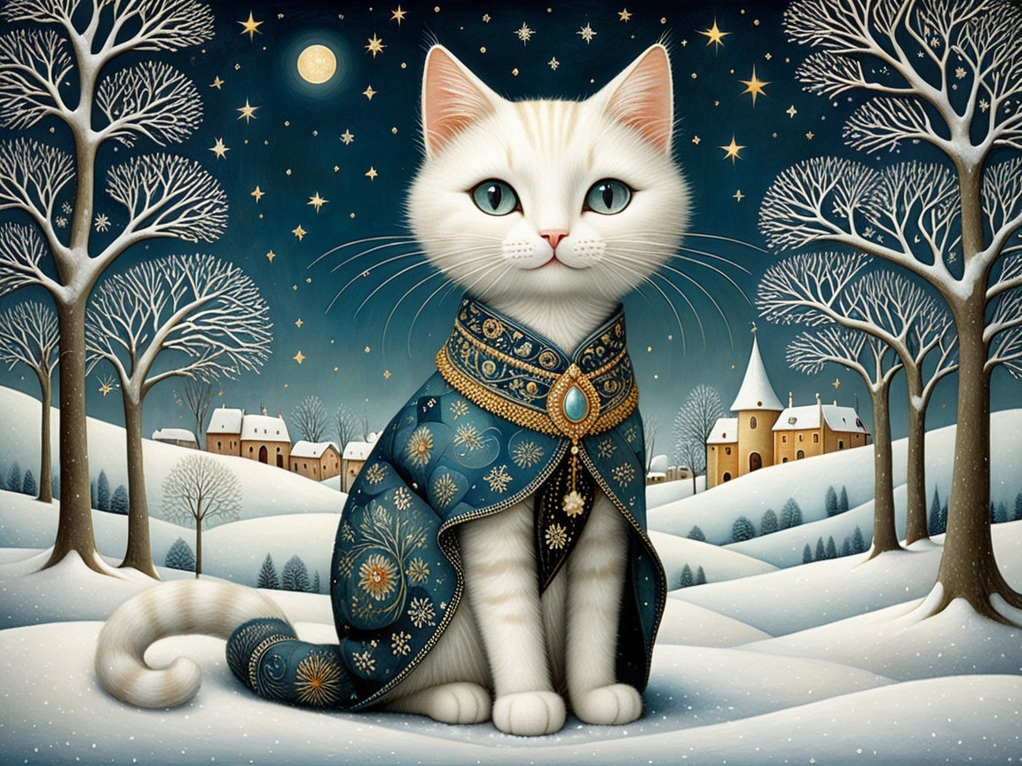 White Cat in Snowy Landscape with Cloak and Jewel