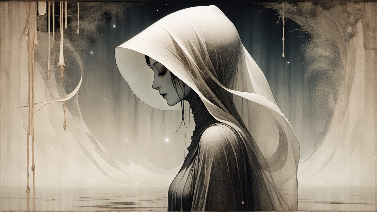 Ethereal Figure in Flowing Fabric with Dreamlike Background