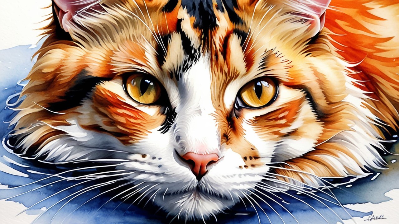 Close-up of a vibrant calico cat with amber eyes