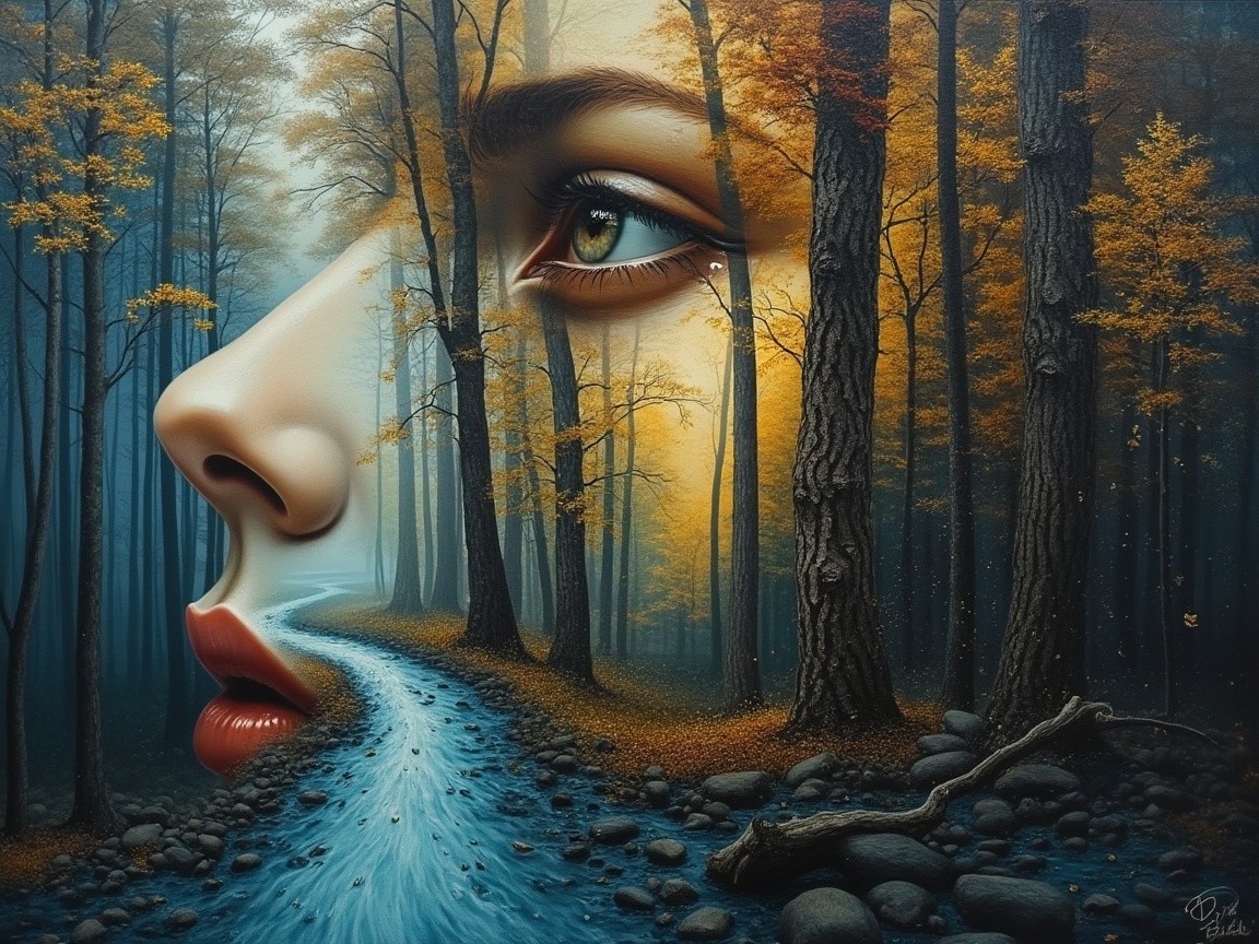 Surreal Landscape Merging Woman's Face and Forest