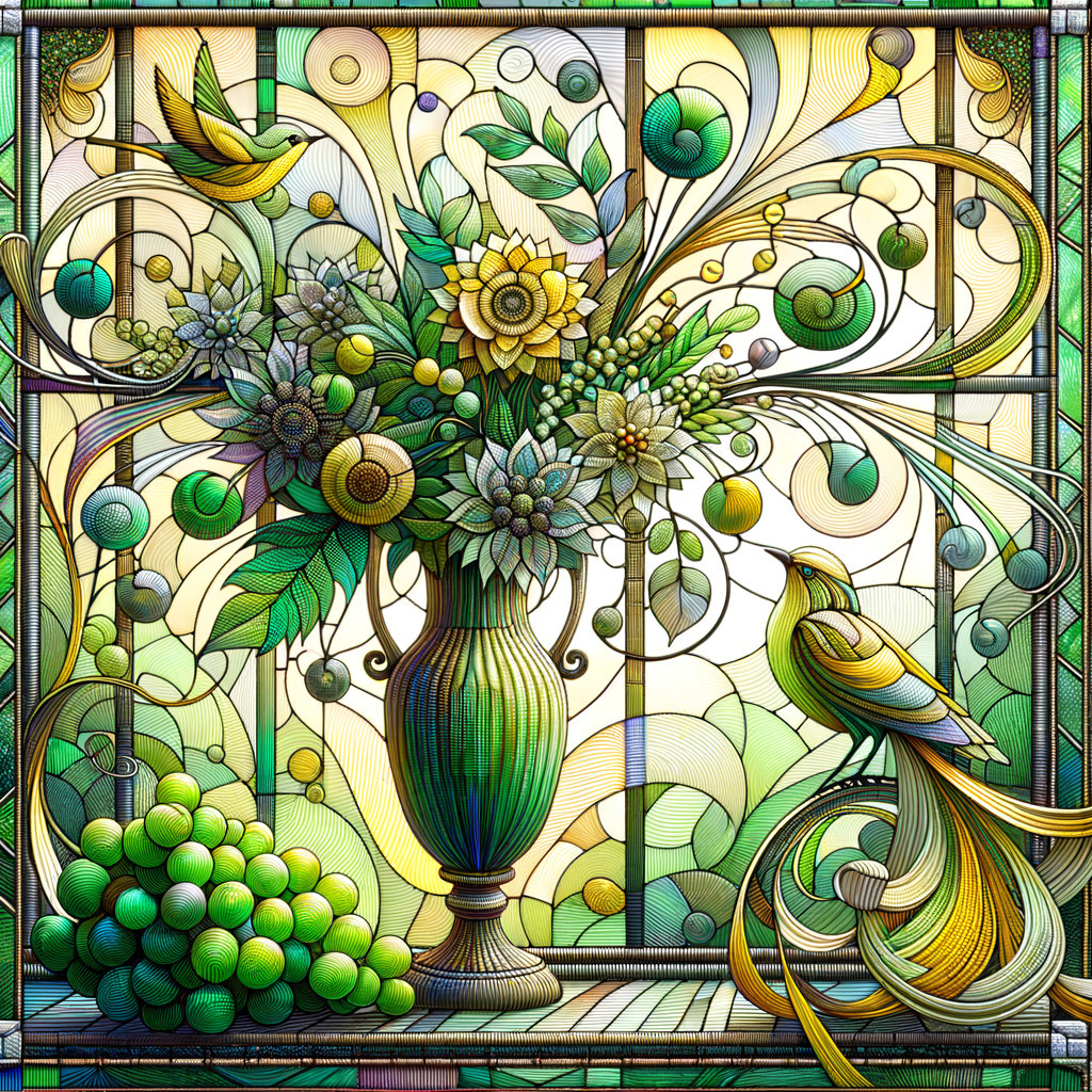 Vibrant Stained Glass Artwork of Bouquet and Bird