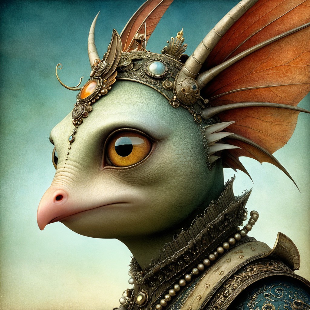 Humanoid Lizard Creature with Ornate Jewelry and Wings