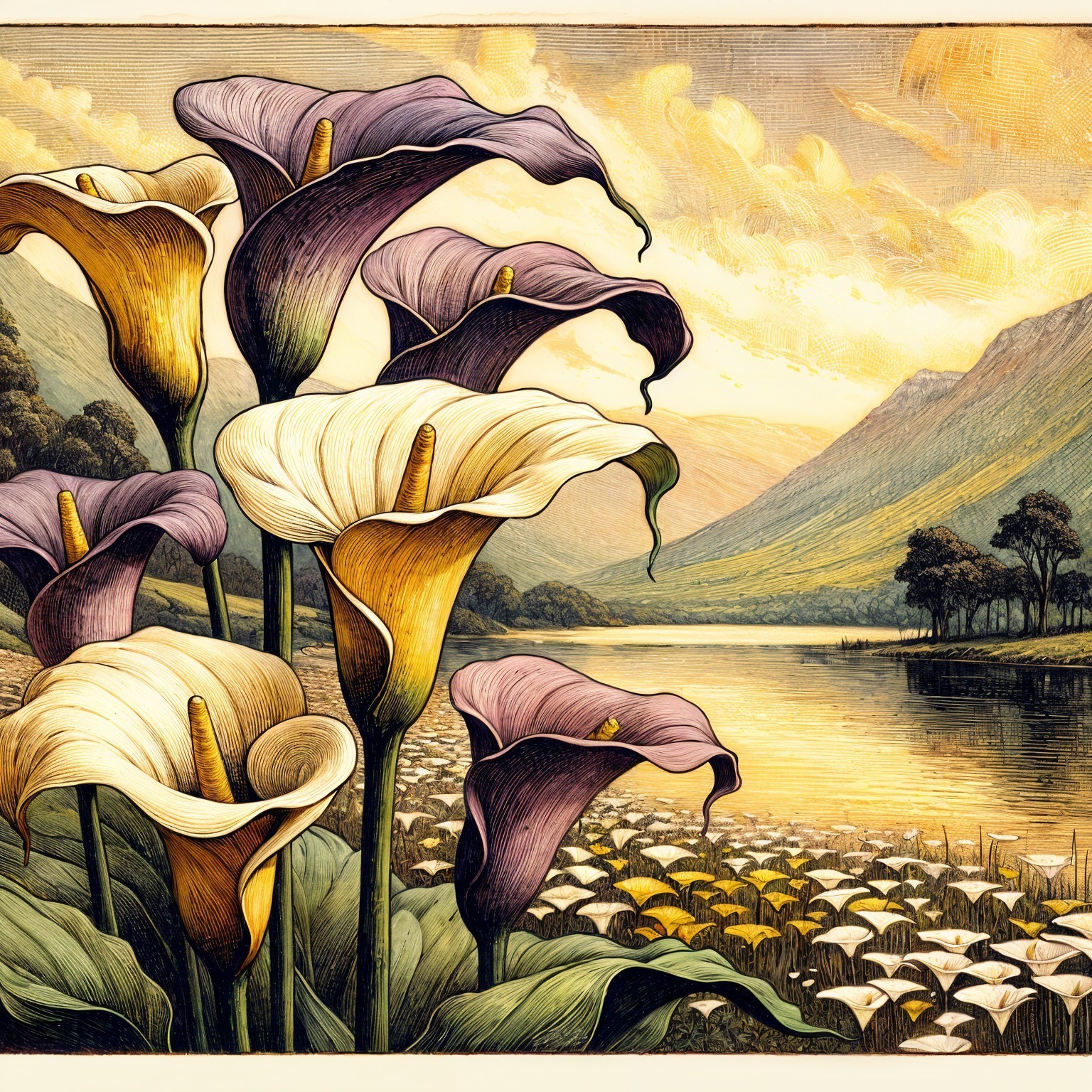 Vibrant Calla Lilies by a Tranquil Lake Landscape