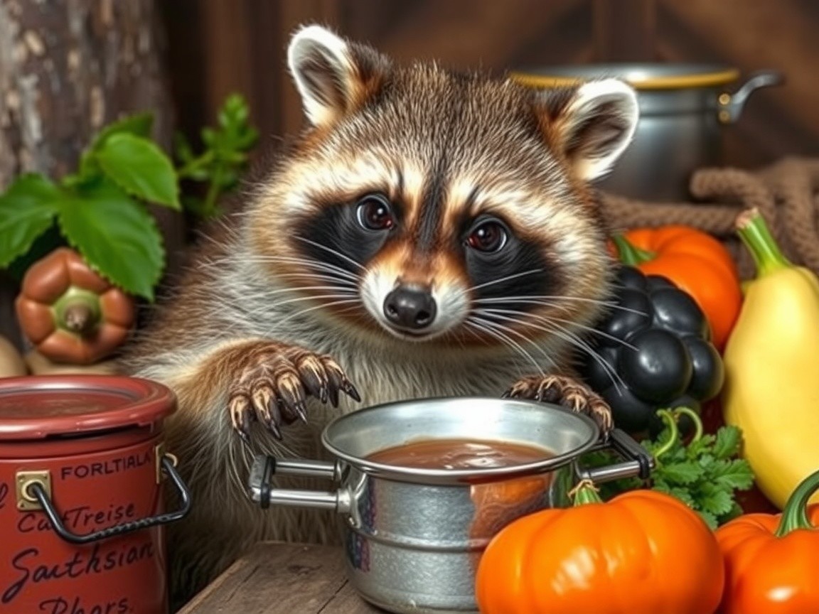 Curious Raccoon Among Colorful Vegetables in Rustic Setting