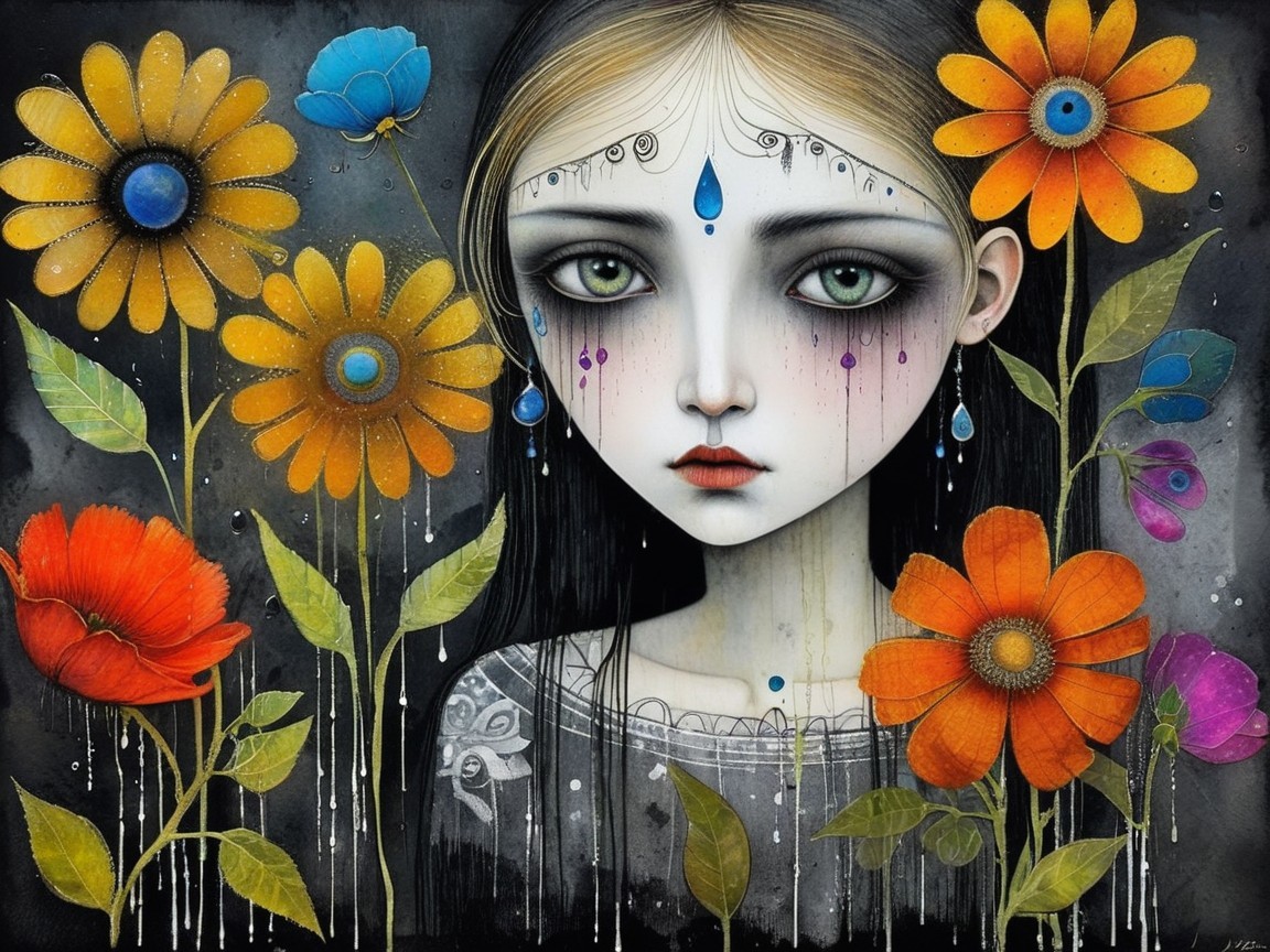 Haunting Portrait of Girl Among Vibrant Flowers