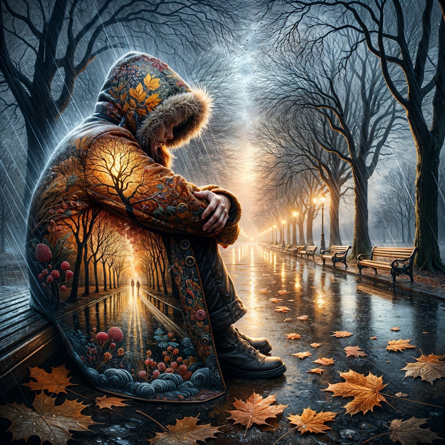 Figure in Ornate Coat on Rainy Autumn Walkway