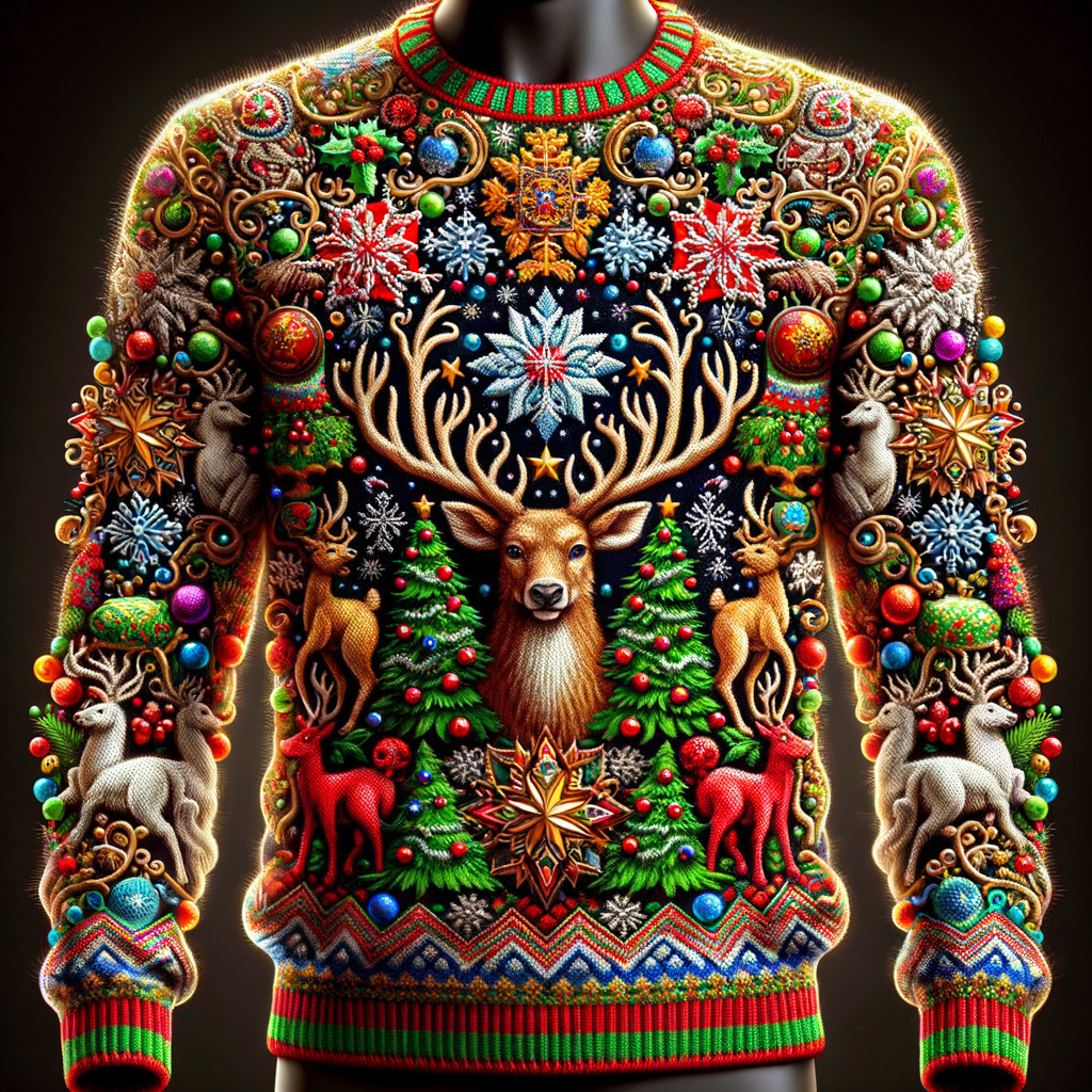 Vibrant Holiday Sweater with Deer and Festive Design