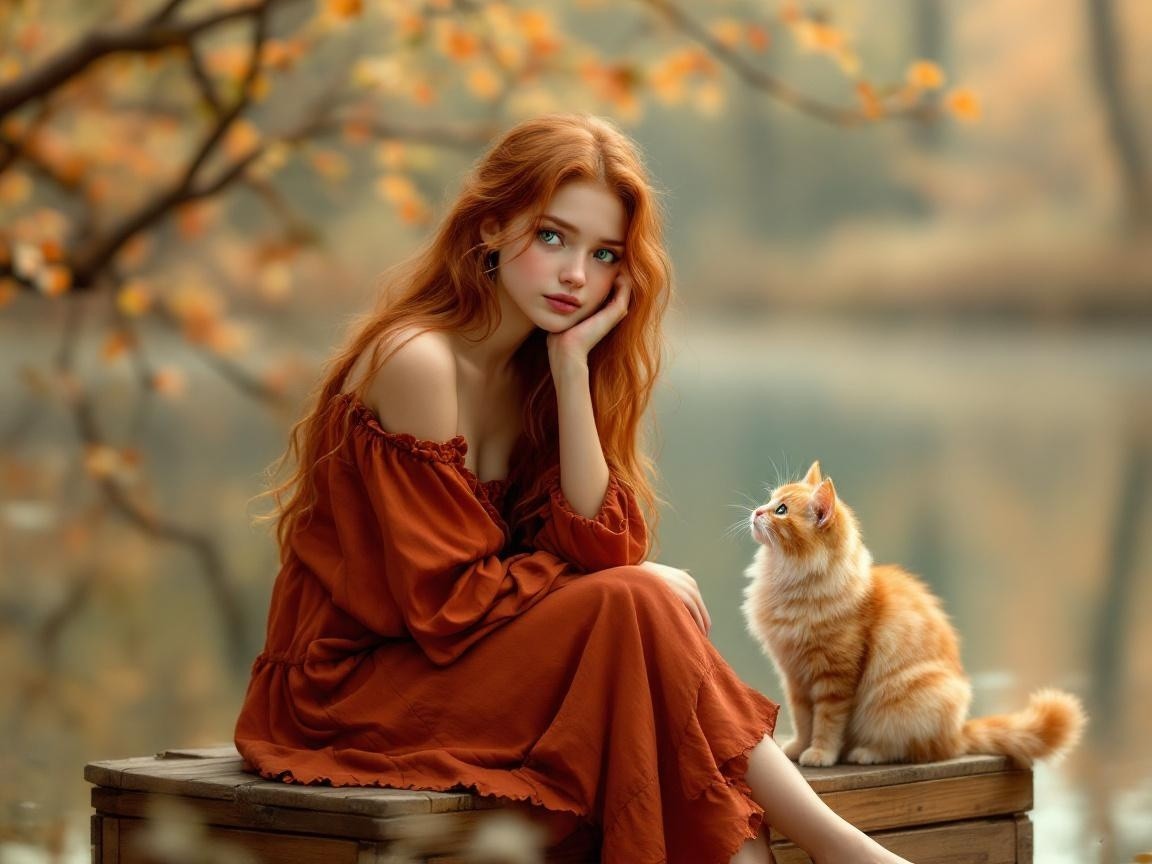Young woman with red hair by tranquil lake in autumn