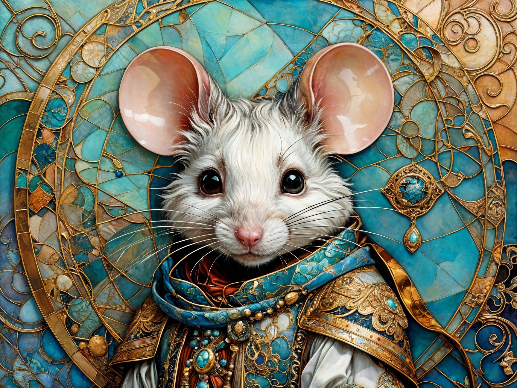 Charming Mouse in Ornate Robe Against Vibrant Mosaic