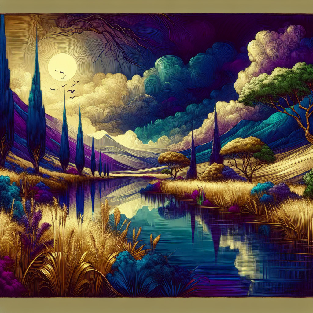 Vibrant Landscape with Serene Lake and Dramatic Sky