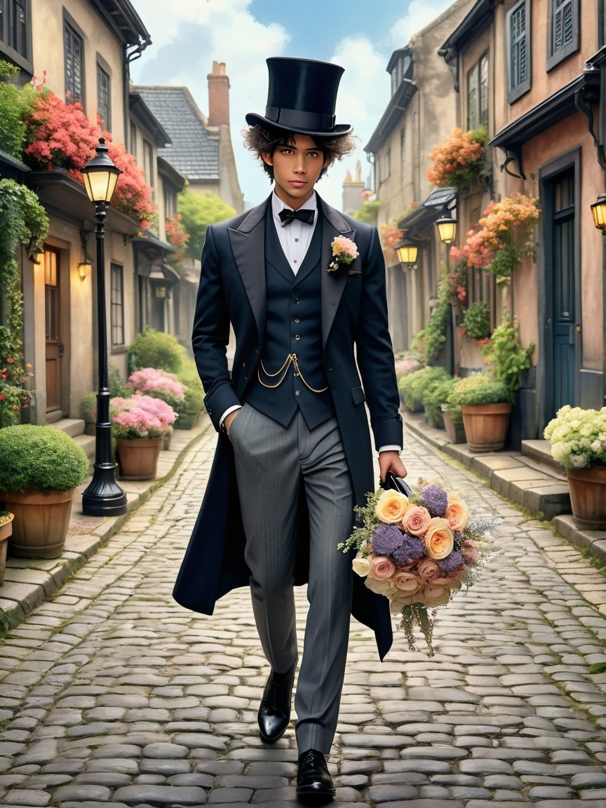 Fashionable Young Man in Formal Attire on Cobblestone Street