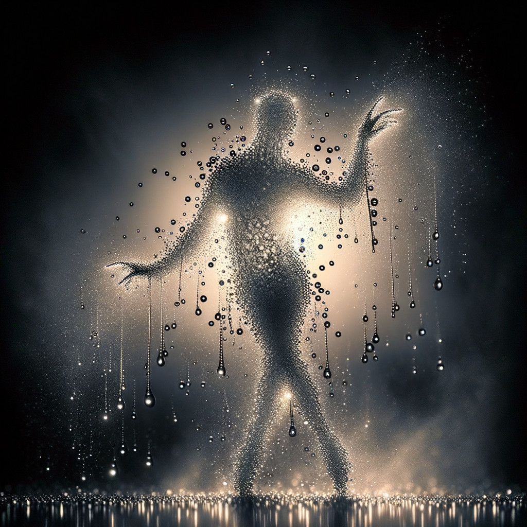 Ethereal Figure of Shimmering Droplets in Motion
