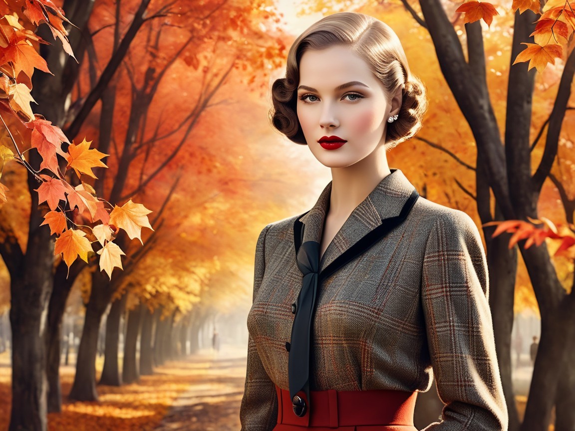 Elegant Woman in Vibrant Autumn Landscape Outfit