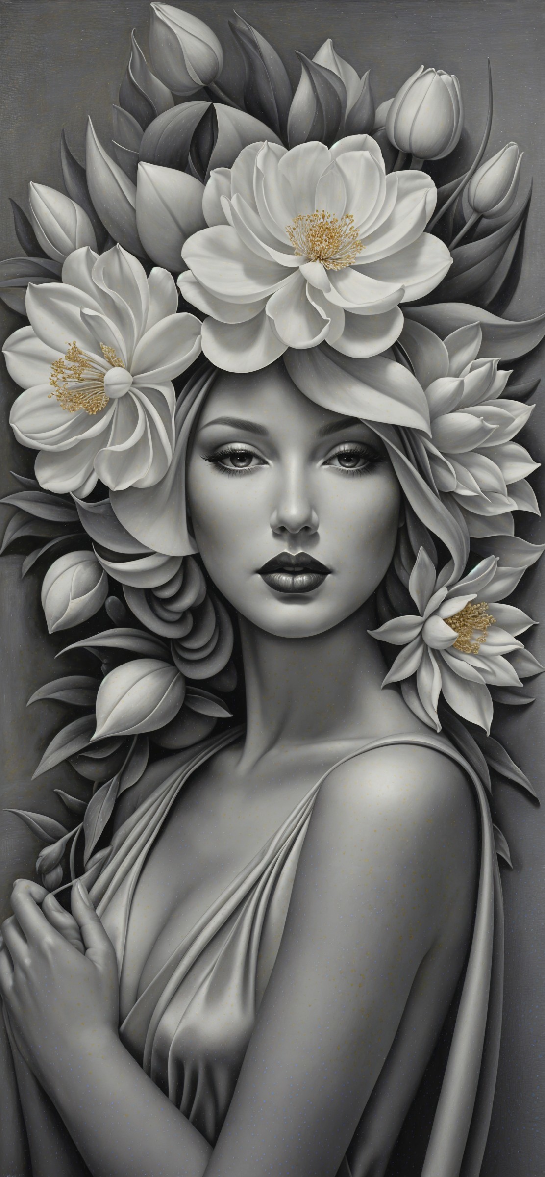 Monochromatic Artwork of a Woman with Flowers