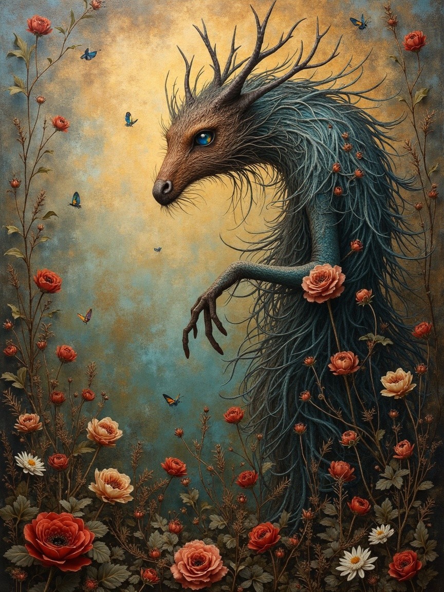 Mystical creature in a vibrant garden setting