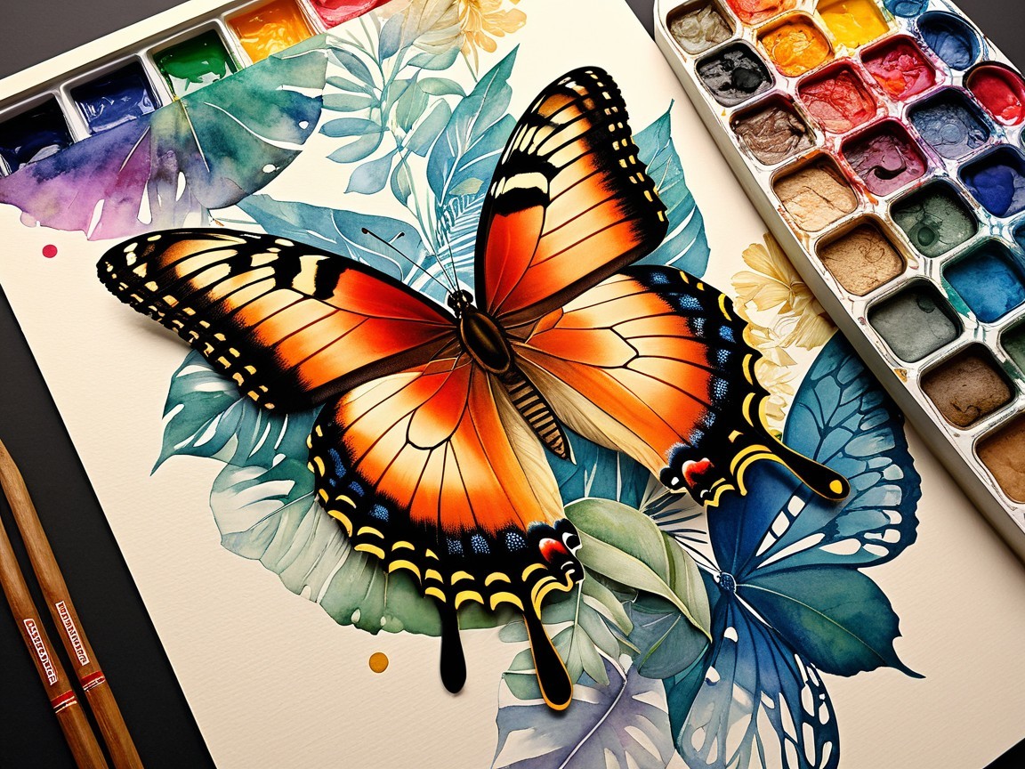 Watercolor Butterfly on Leaves with Palette and Pencils