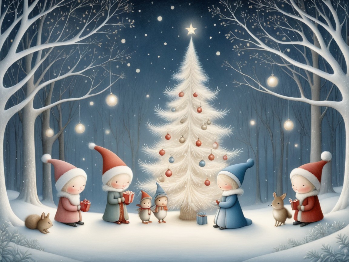 Children in festive hats by a decorated Christmas tree