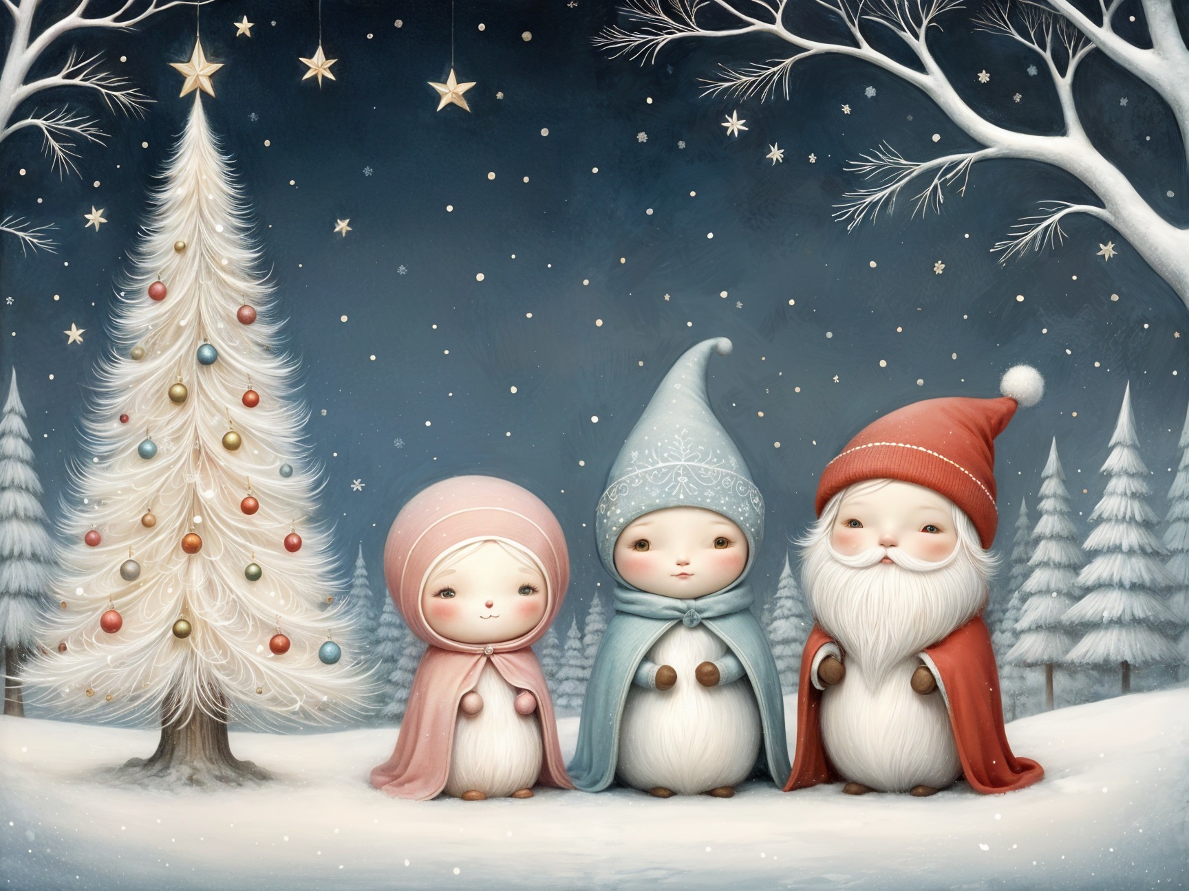 Whimsical Winter Scene with Characters and Christmas Tree