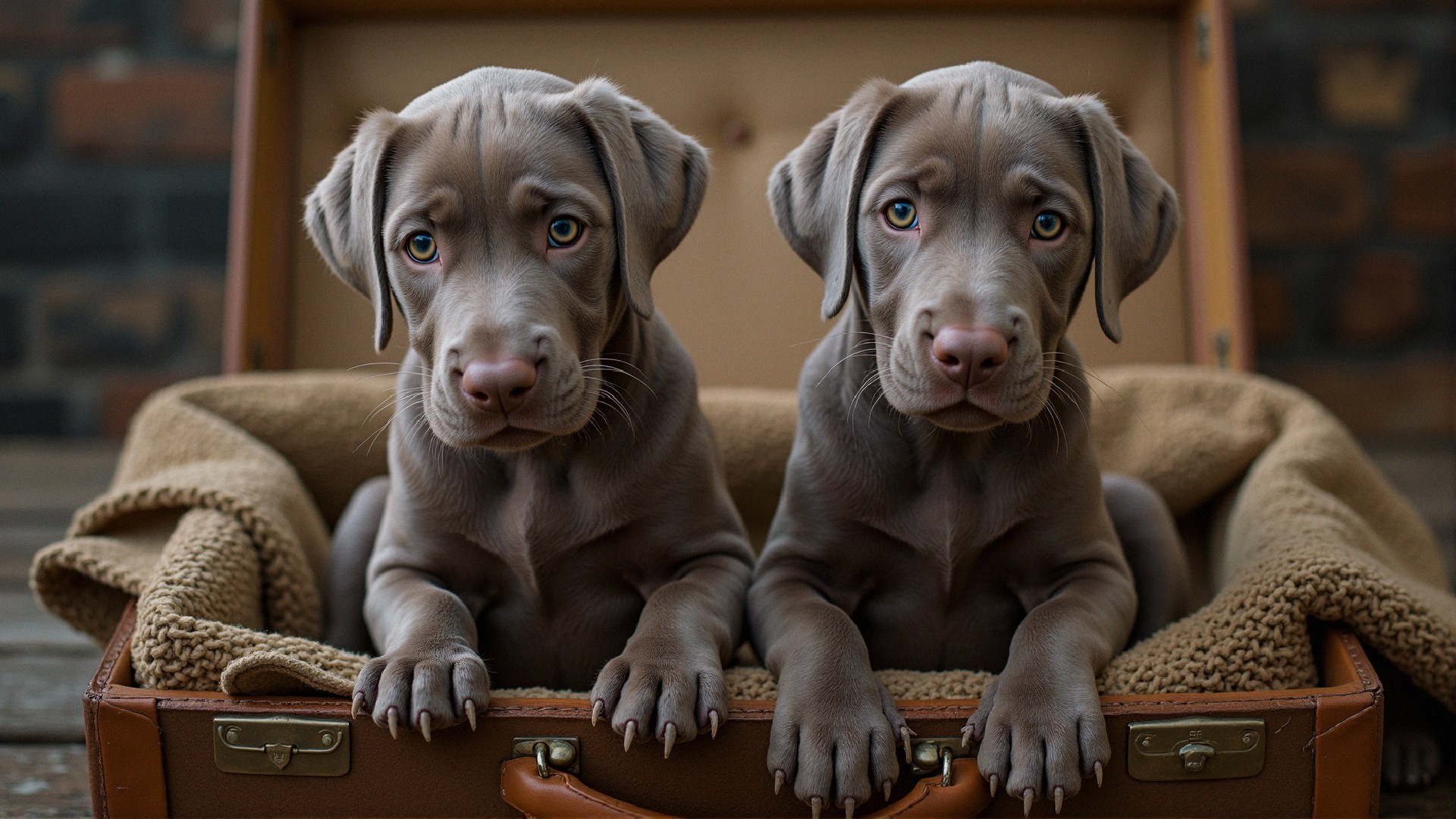 Weimaraner Puppies in a Suitcase with Blanket
