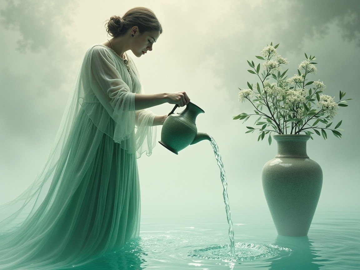 Woman in Ethereal Dress Pouring Water in Tranquil Scene
