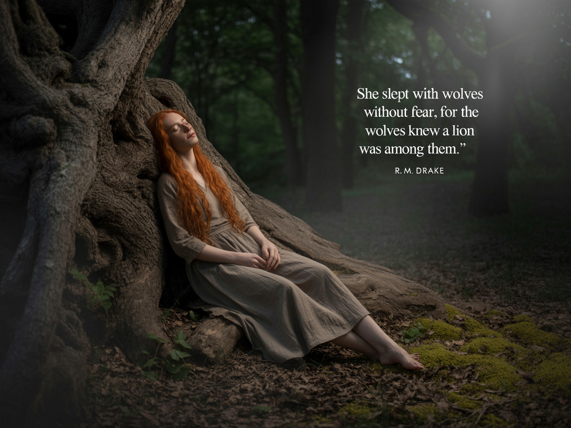 Serene Woman in Neutral Dress Against Tree in Forest