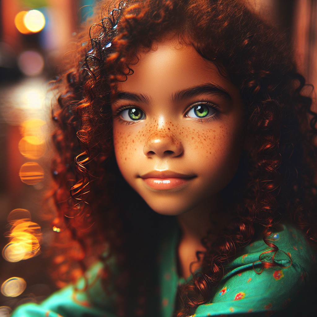 Portrait of a young girl with curly hair and green eyes