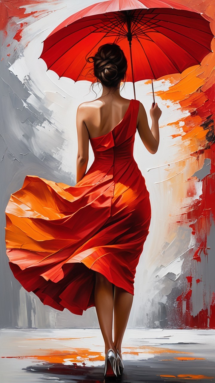 Woman in Red Dress with Umbrella Against Textured Background