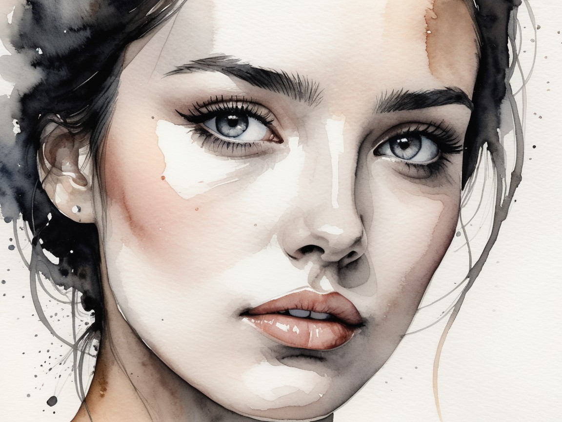 Close-up Watercolor Portrait of a Young Woman