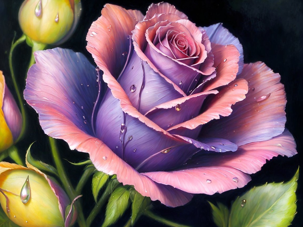 Close-up Digital Painting of Two-Toned Rose with Dew