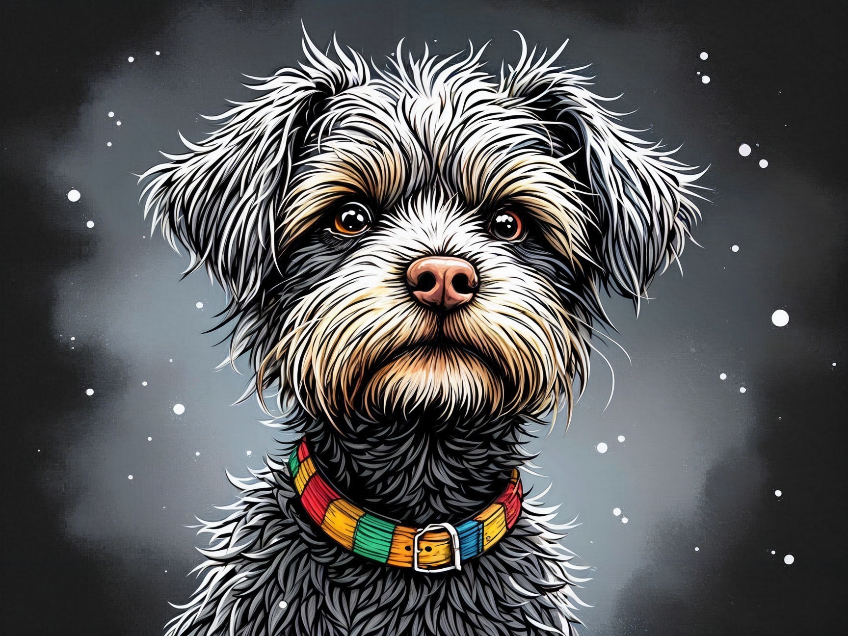 Charming Fluffy Dog Illustration with Colorful Collar
