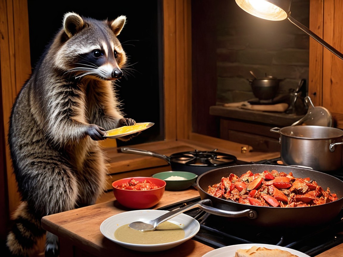 Raccoon in Cozy Kitchen with Food and Cooking Scene