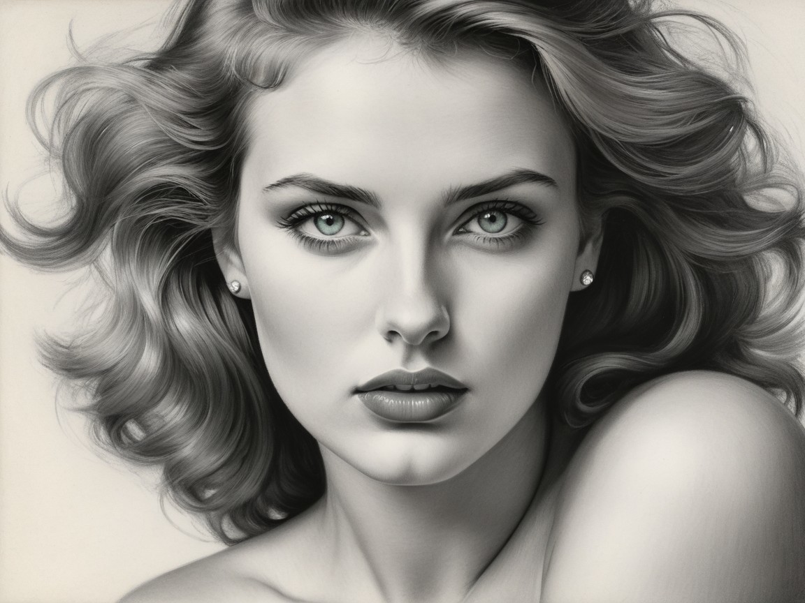 Black and white portrait of a young woman with blue eyes