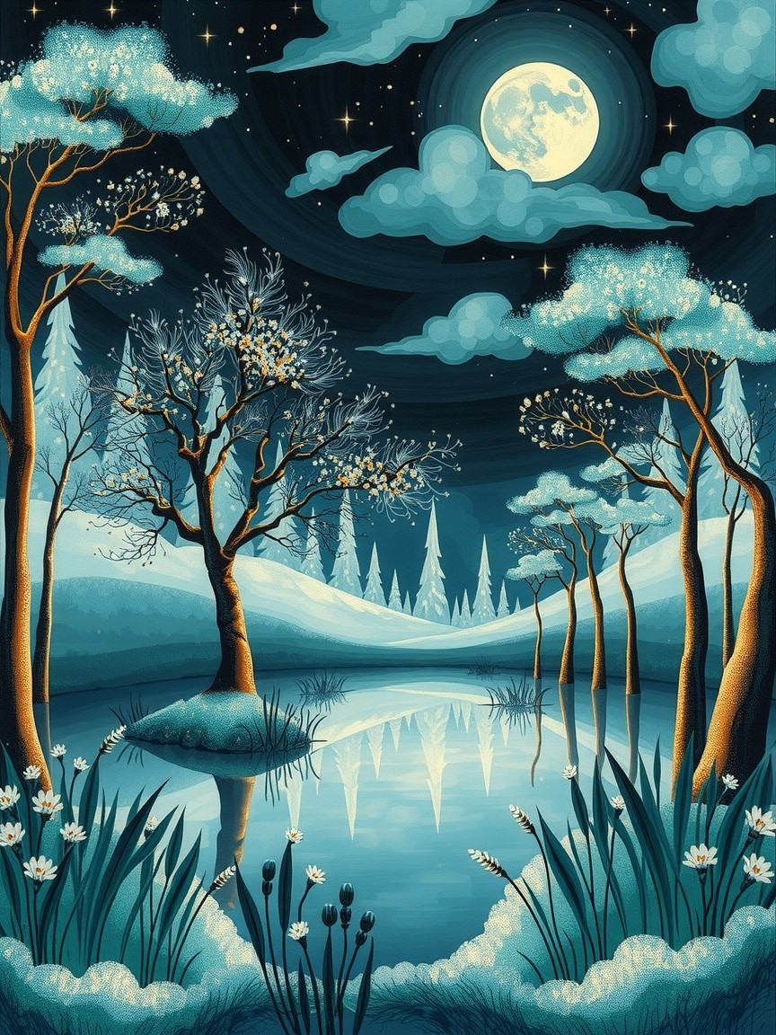 Serene Winter Landscape with Reflective Lake and Moon
