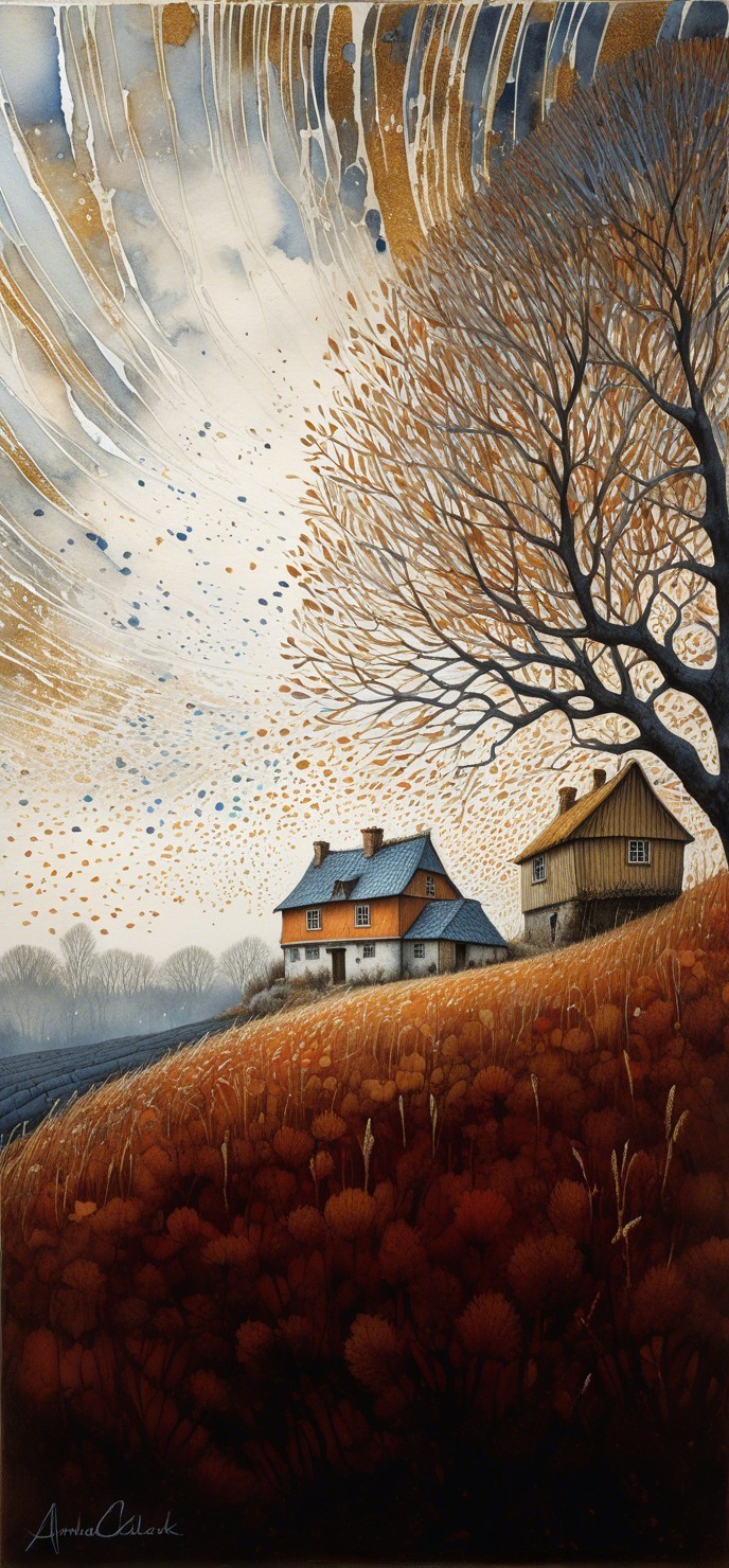 Charming Houses on a Sloping Hill in Autumn Landscape
