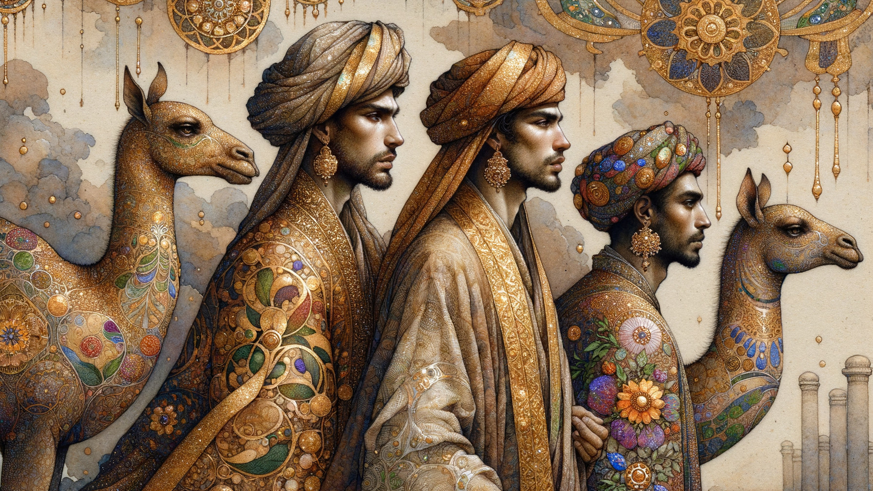 Three Men in Decorative Clothing with Camels in Watercolor