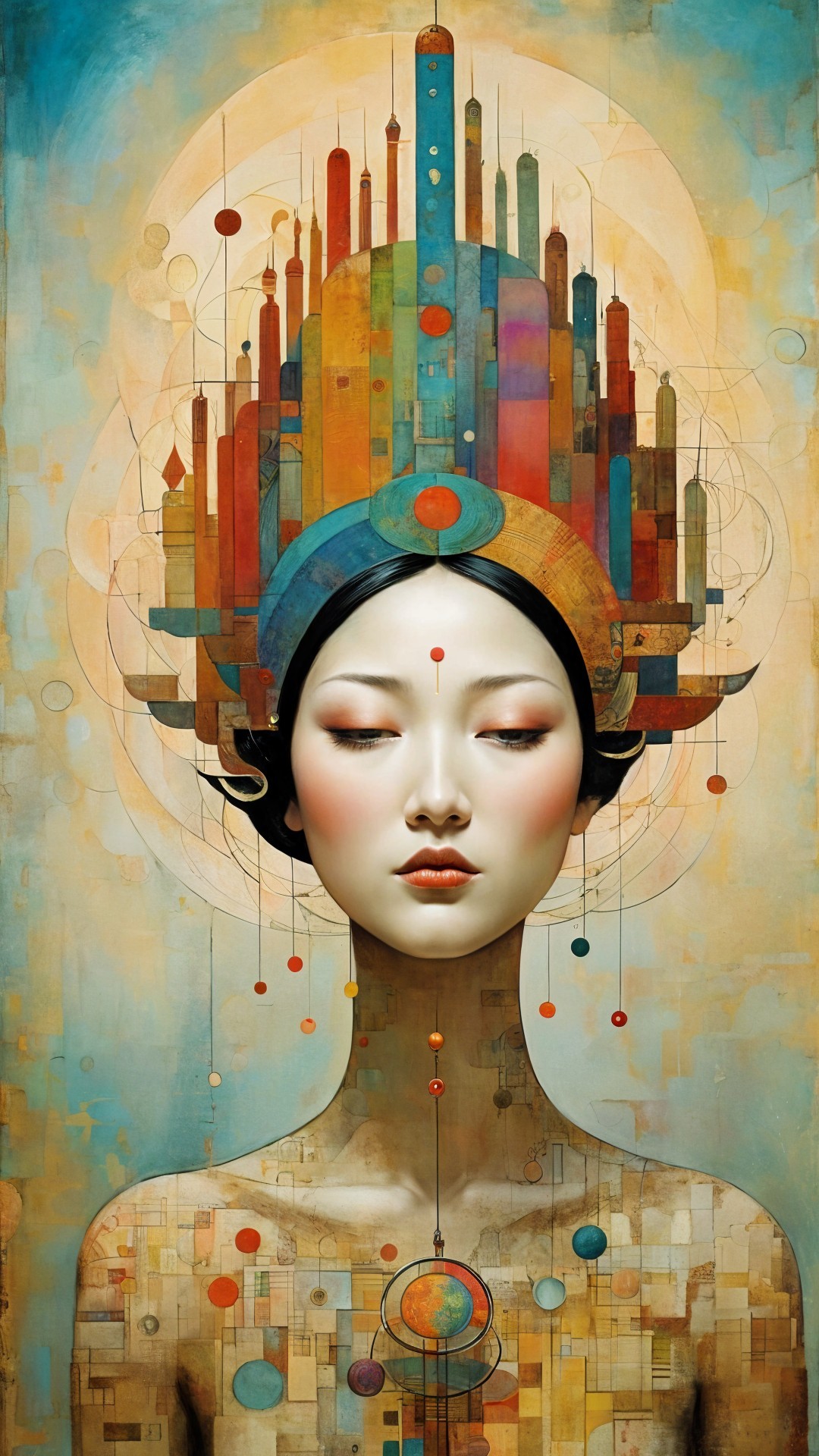 Serene Figure with Abstract City Skyline Headdress