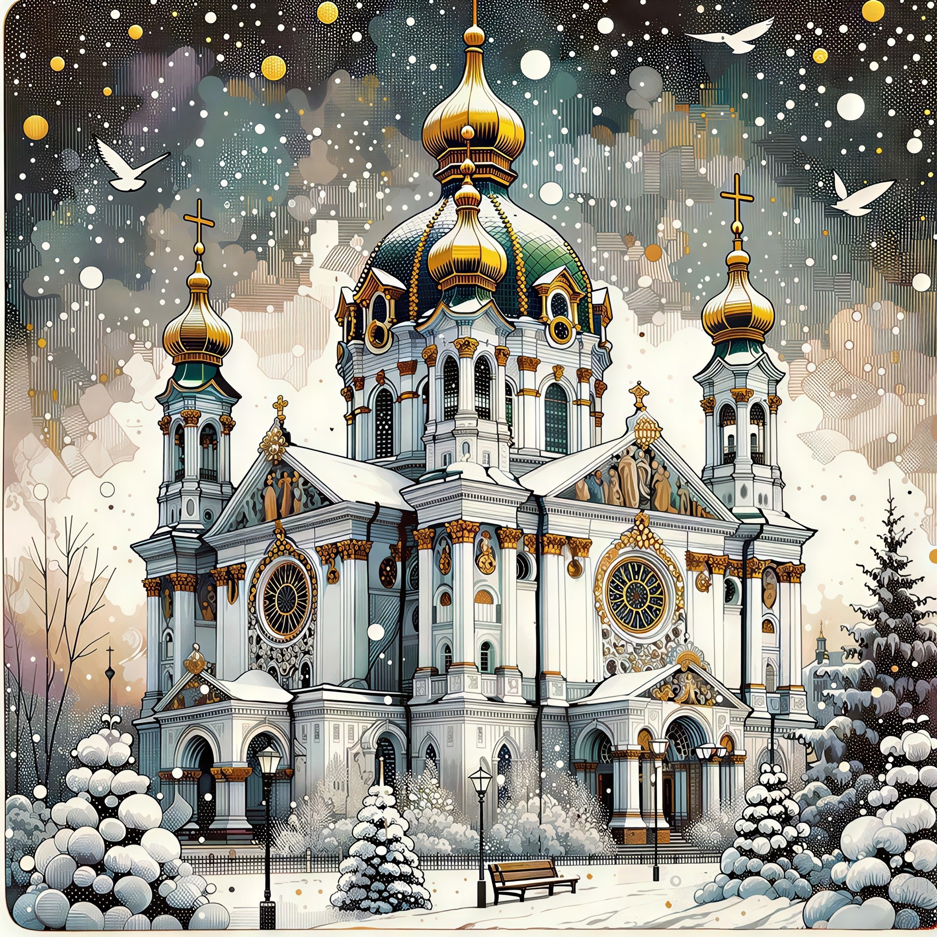 Intricate Digital Illustration of a Snowy Cathedral