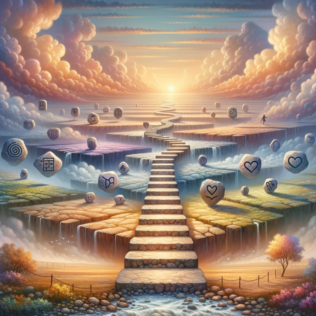Surreal Landscape with Winding Staircase and Glowing Horizon