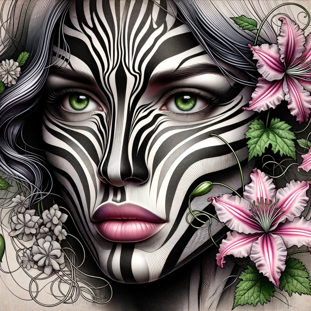 Portrait of a Woman with Zebra Stripes and Flowers