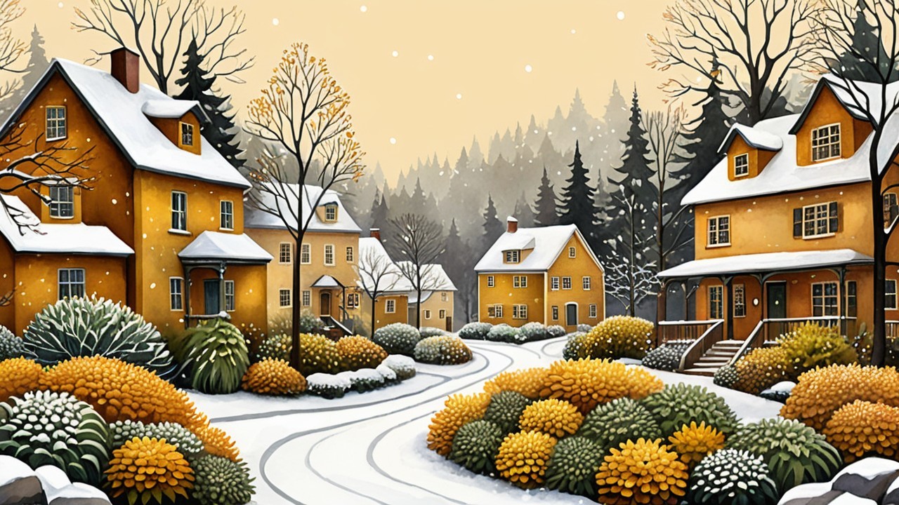 Watercolor Painting of a Snowy Winter Village Scene