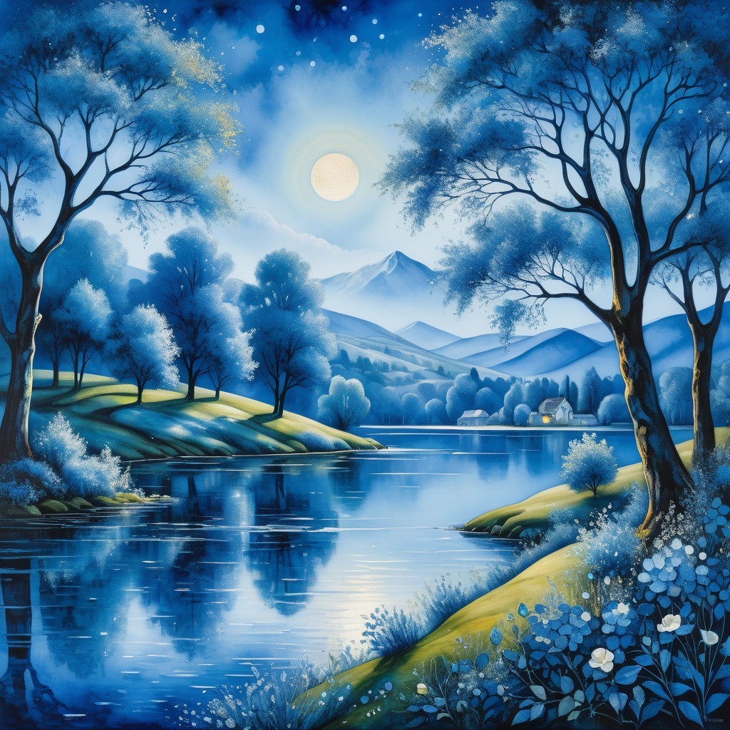 Twilight Landscape with Calm River and Moonlight