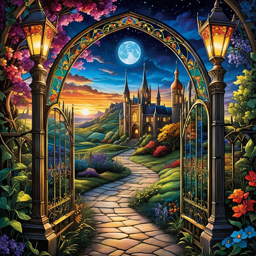 Sunset View of Castle Through Wrought-Iron Gate