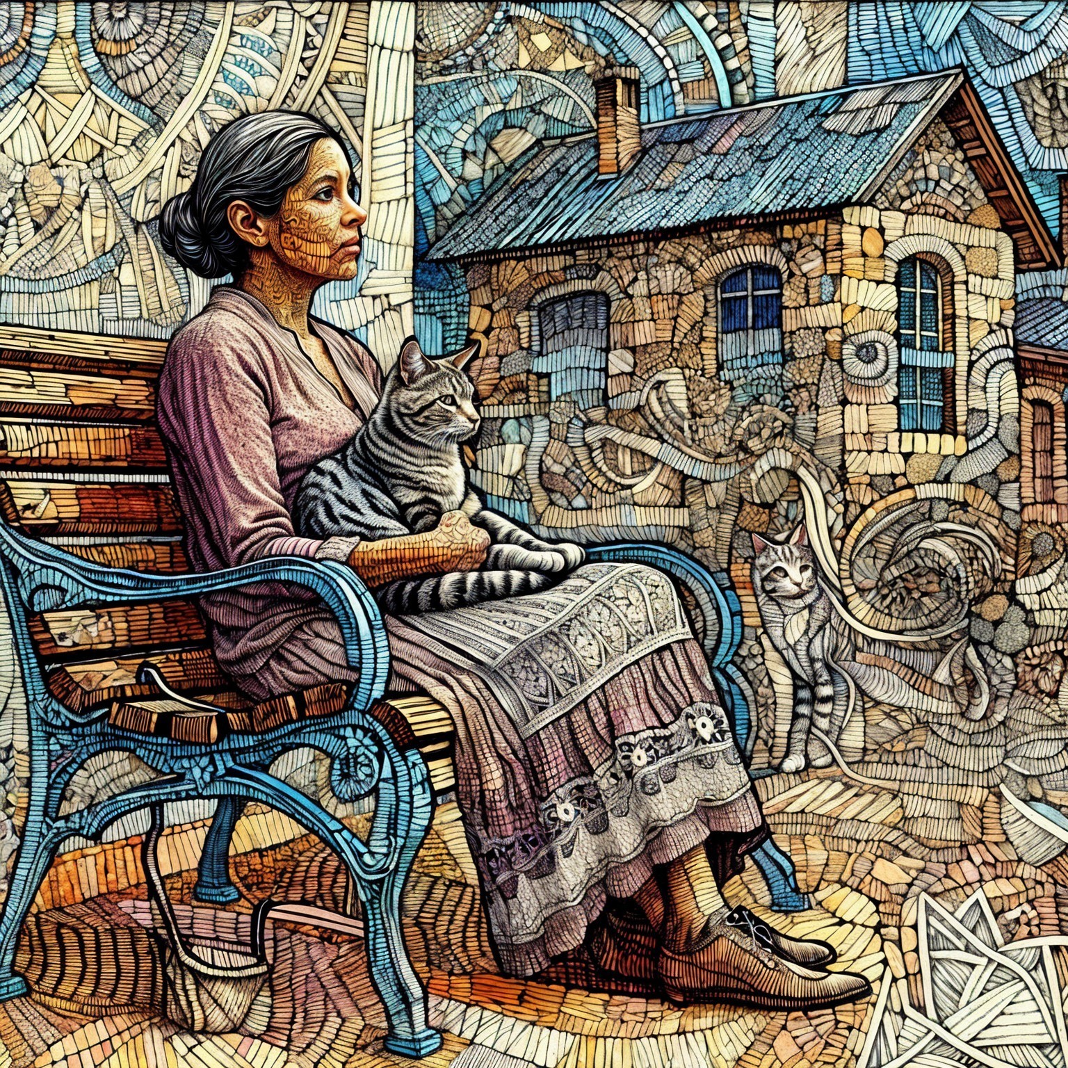 Serene Woman with Cat in Dreamlike Garden Scene