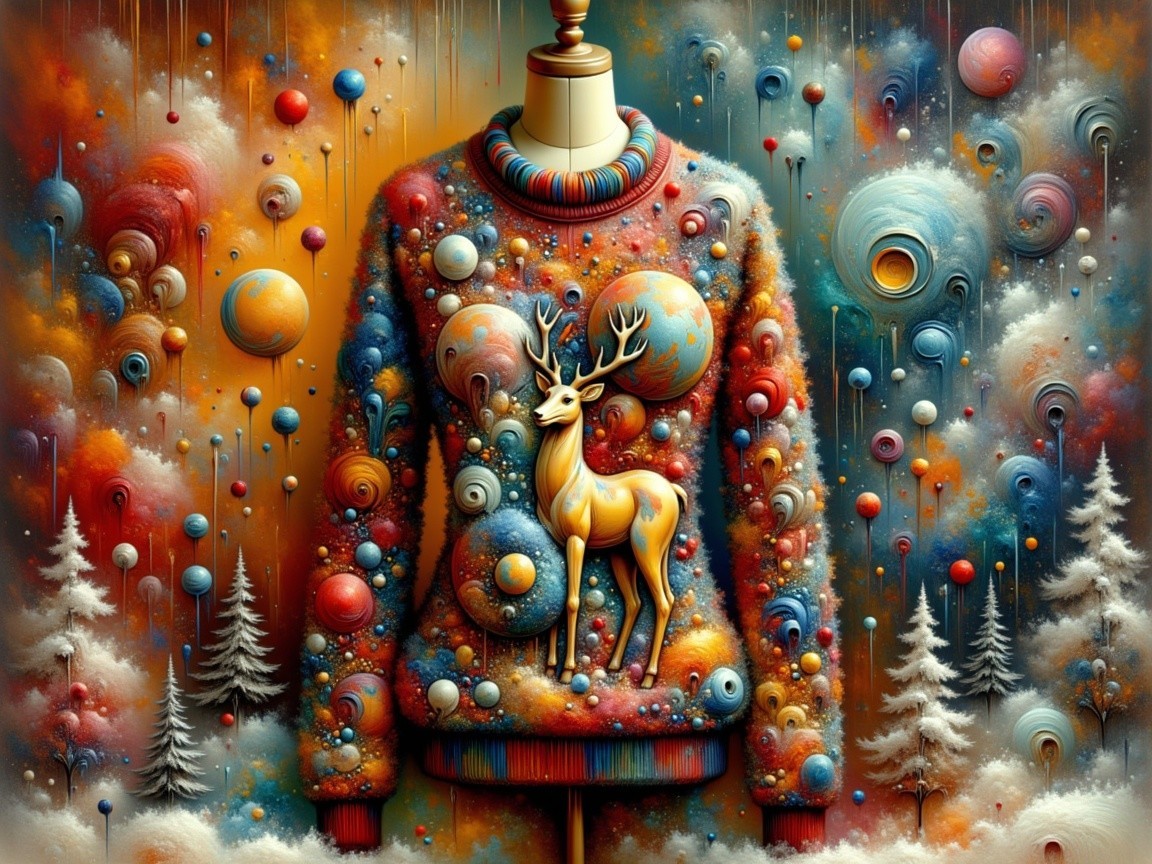 Vibrant Sweater with Golden Deer and Cosmic Design