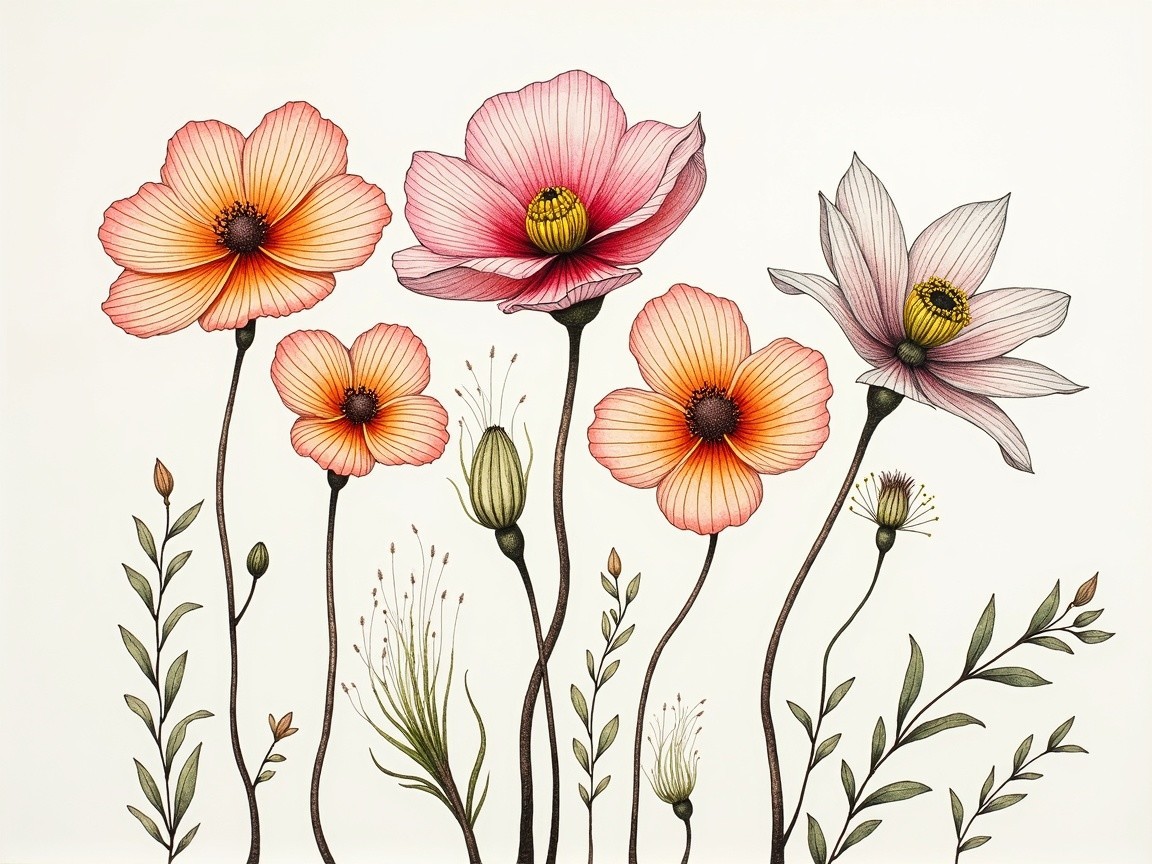 Vibrant Floral Illustration with Detailed Blooms