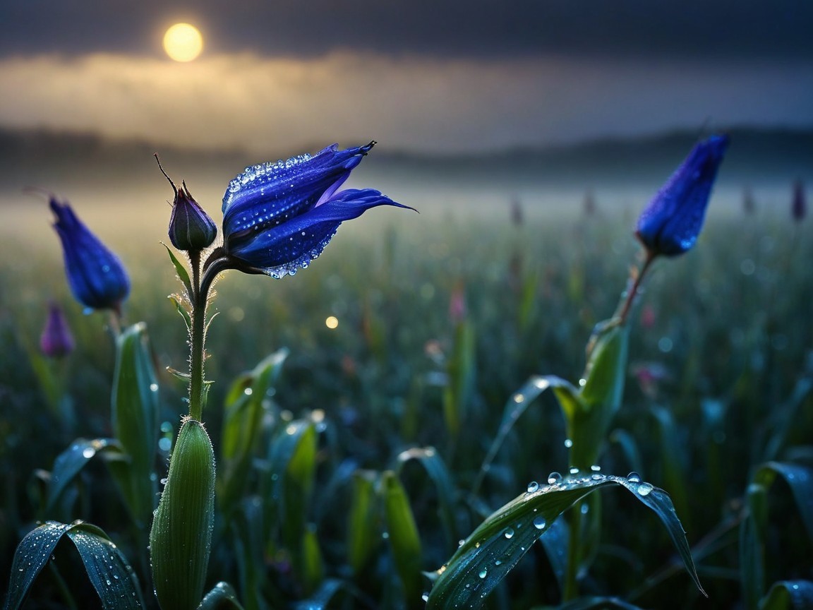 Serene Dawn Field with Vibrant Blue Flowers and Mist