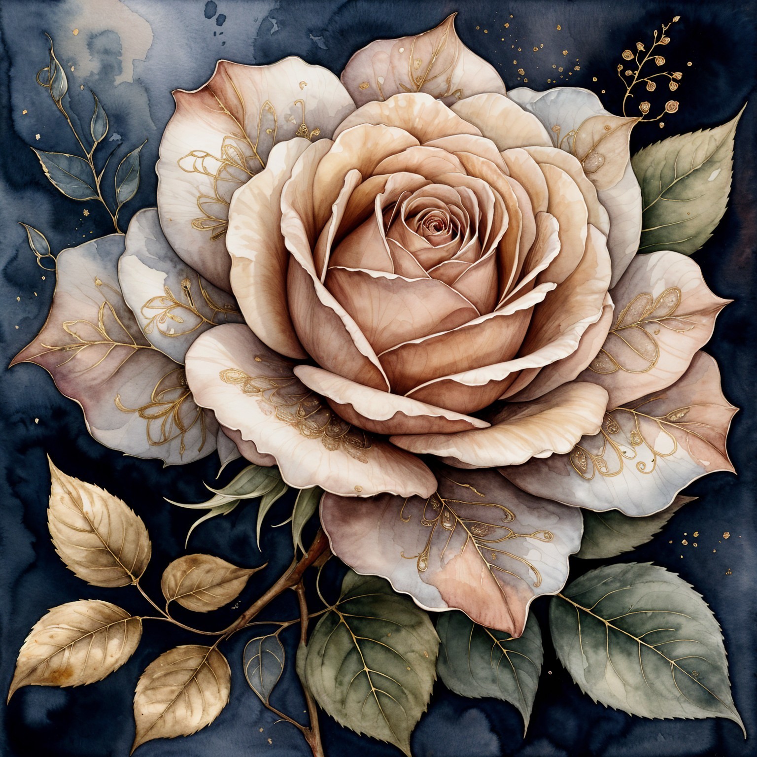 Detailed Rose with Blush Petals on Navy Background