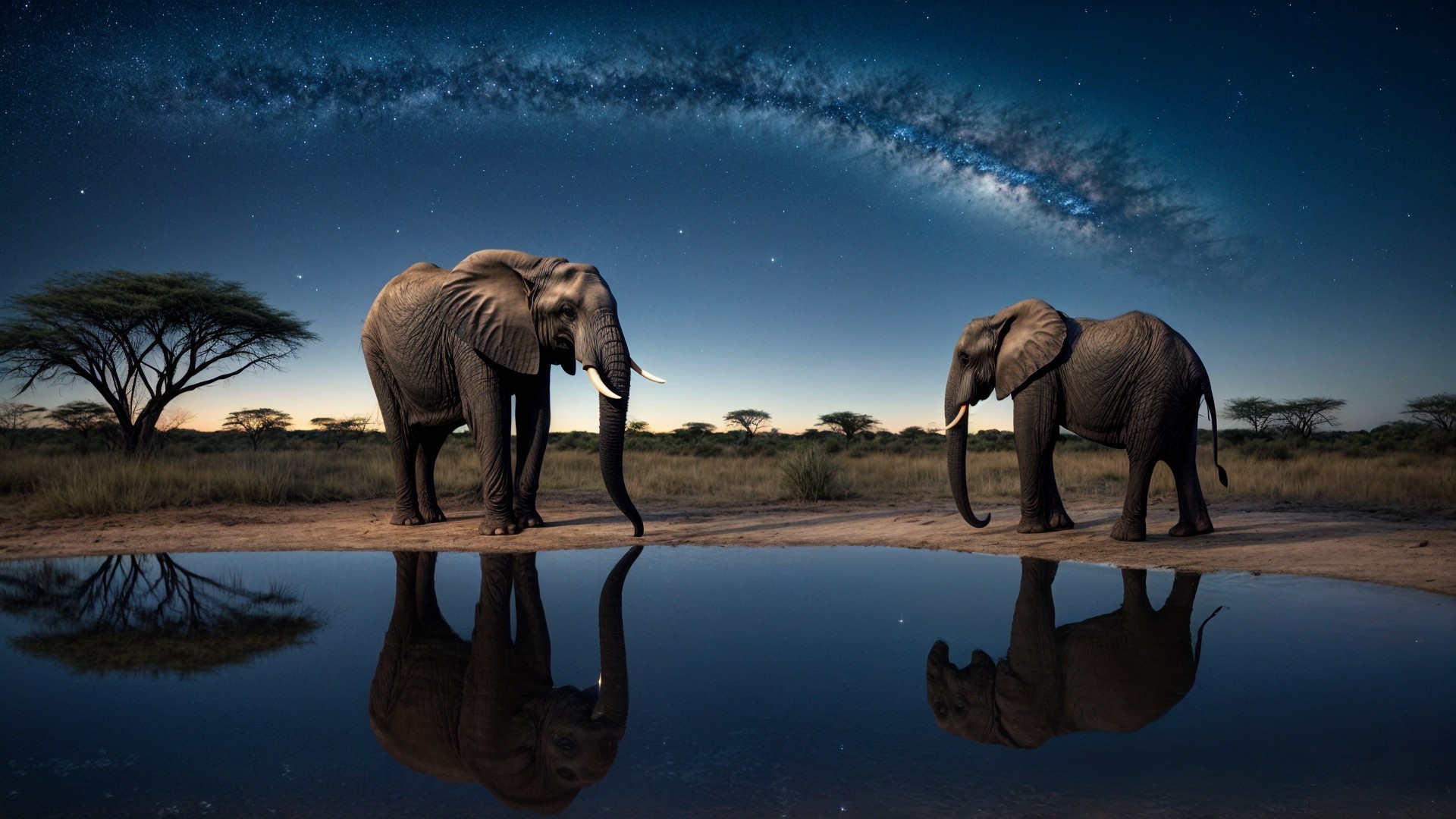 Elephants by a Waterhole Under a Starry Sky