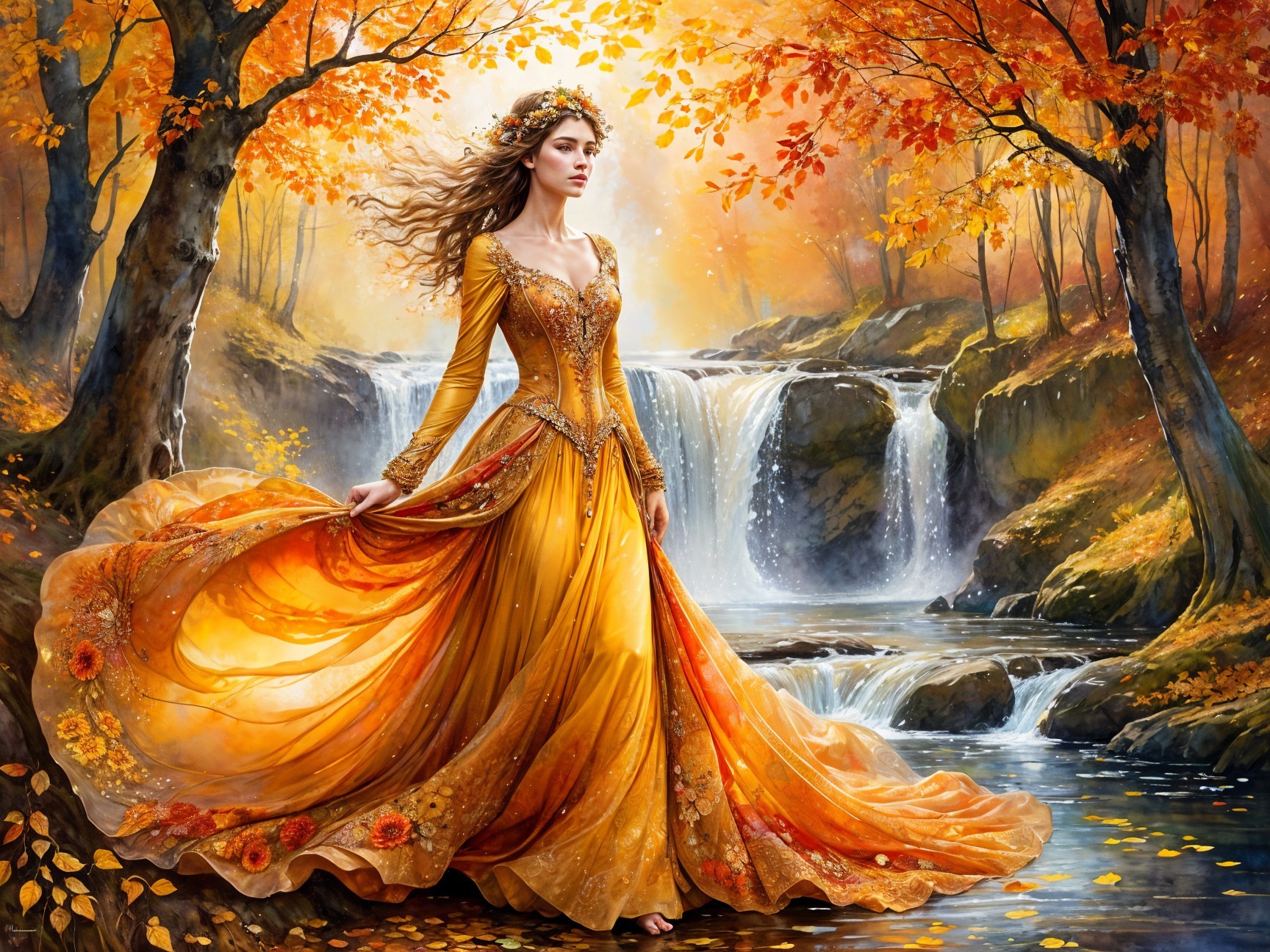Autumn Scene with Woman by Sparkling Waterfall