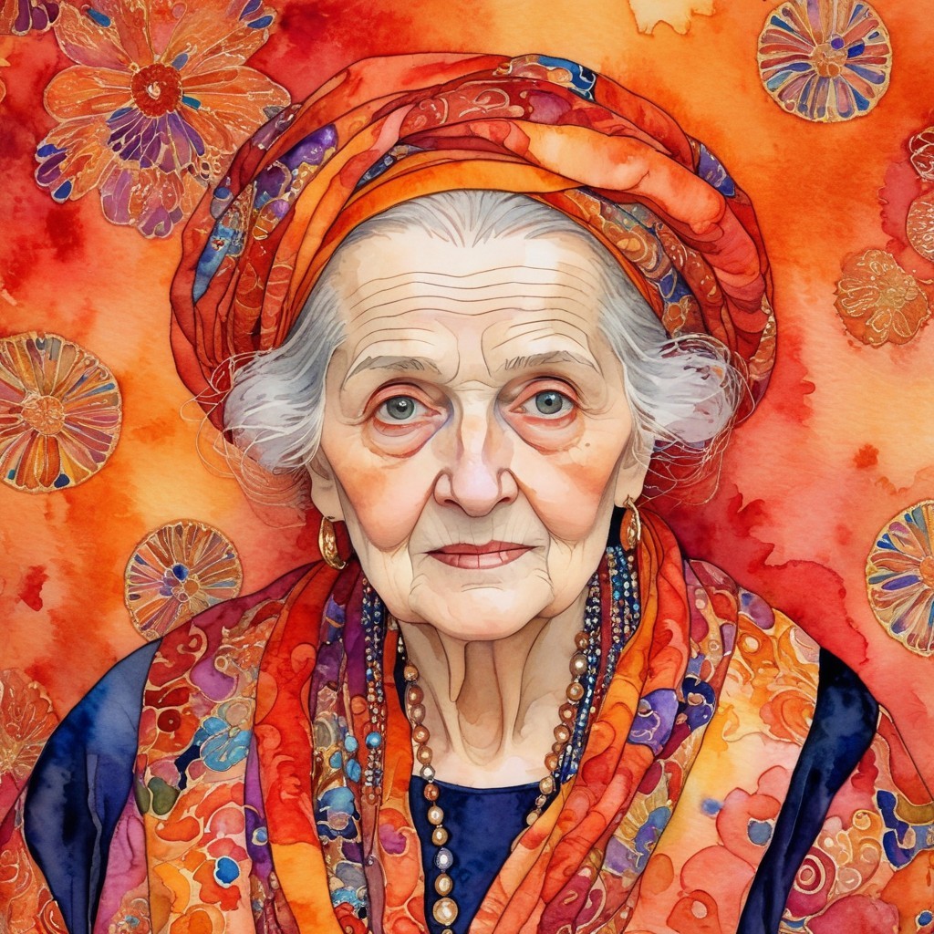 Watercolor Portrait of an Elderly Woman in Turban
